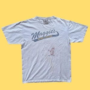 Liquid blue T-shirt has stains but no tears or holes.